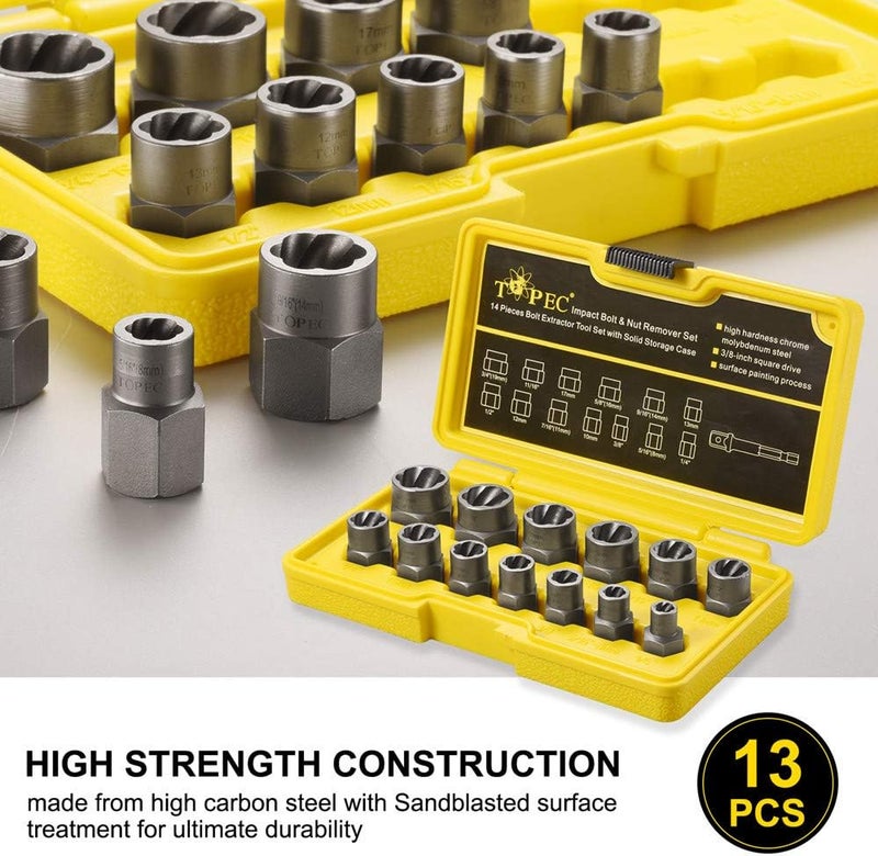 Topec 13+1 Piece Impact Bolt & Nut Remover Set, 3/8" Drive Bolt Extractor Socket Set, 8mm-19mm Stripped Lug Nut Remover, Twist Socket for Damaged, Rusted, Rounded Fasteners - Image 4